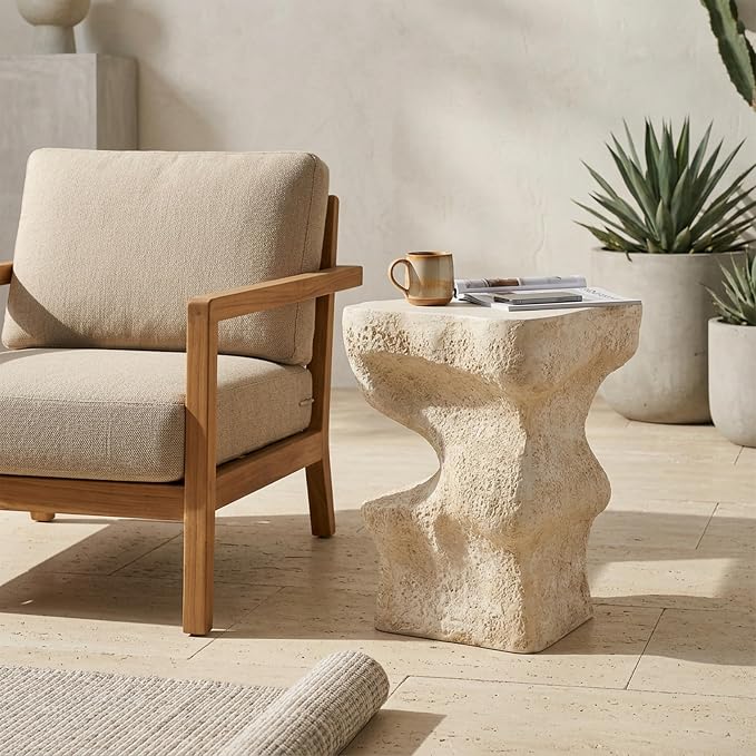 Outdoor Side Table, Modern Organic MGO Accent End Table for Patio, Living Room, Beige Tone Organic Textured Stone-Look