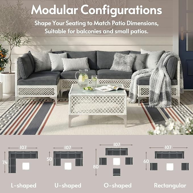 ENSTVER 7-Piece Outdoor Patio Furniture Set, Value Lightweight Boho Outdoor Sectional with Handwoven Wicker & Easy Assembly, Durable Outdoor Sofa for Small Patio, Balcony（Cushion Dark Grey）