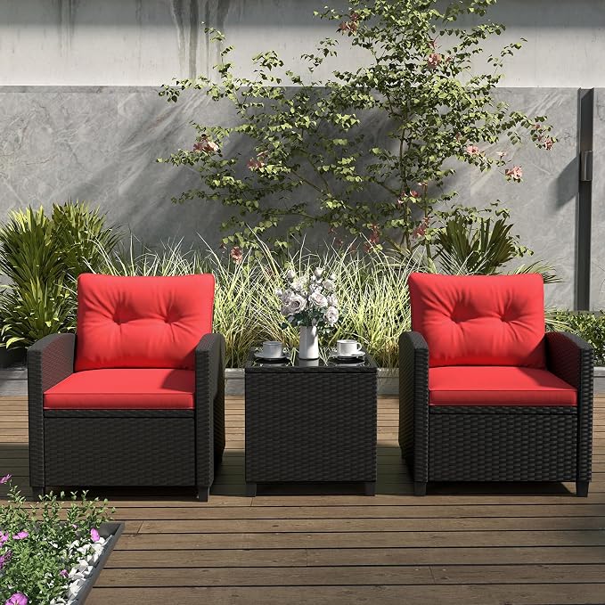 ORALNER 3 Pieces Patio Furniture Set, Wicker Conversation Set Outdoor Chairs with Cushions, Glass Coffee Table, Rattan Bistro Set for Front Porch Balcony Garden Deck Poolside (Red)