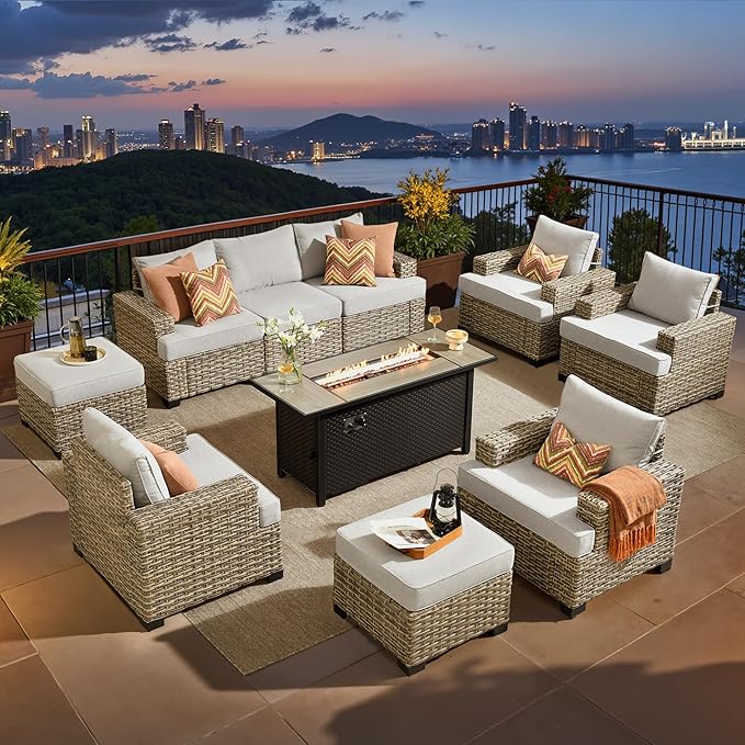 ovios 10 Piece Patio Sectional Furniture with 42in Fire Pit Table, Rattan Wicker Coversation Setwith Single Chairs, Outdoor Sofa Set for Outside Porch Balcony Backyard Pool, Light Grey