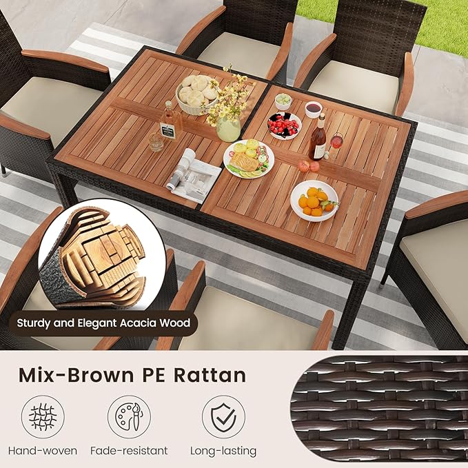 KOTEK 7 Piece Outdoor Dining Set, Wicker Patio Dining Set for 6 with Stackable Chairs & Acacia Wood Table, 1.96'' Umbrella Hole, Patio Table and Chairs Set for Backyard, Deck, Garden (Mix Brown)