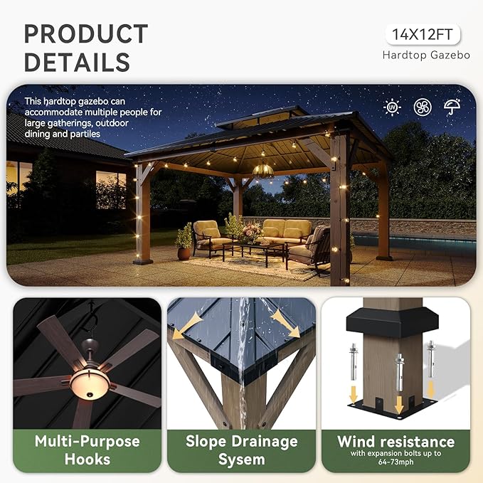 Aoxun 12' x 14' Outdoor Wood Gazebo, Hardtop Gazebo Permanent Wooden Pavilion with Galvanized Steel Double Roof, for Patio, Garden, Deckyard, Cedar Wood, Grey