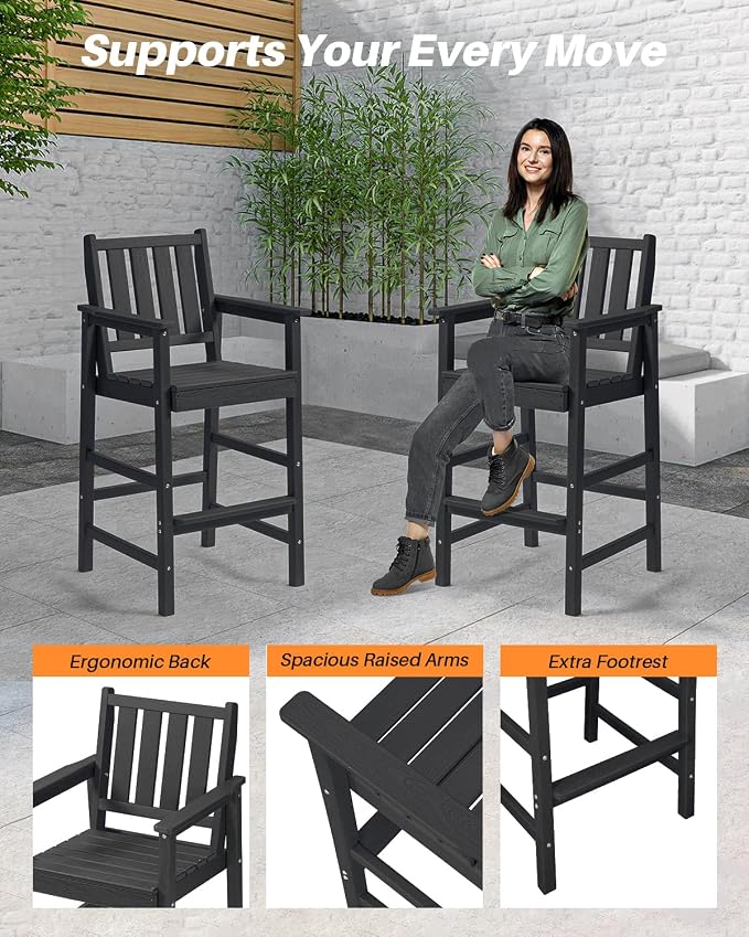 3 Pieces HDPE Outdoor Bar Table and Chairs Set, Tall Adirondack Chairs Set of 2 with Rectangular Bar Table, Patio Bar Stools Set, HDPE Outdoor Patio Bar Set for Balcony, Porch, Deck, Obsidian