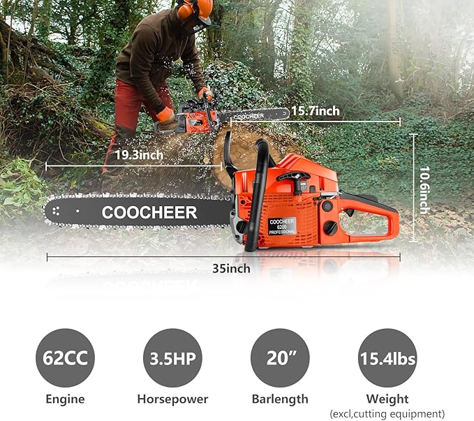 COOCHEER 62CC Gas Chainsaw 20 Inch, 3.5 HP 2-Stroke Chainsaw Gas Powered with Carrying Bag & Tool Kit, Chainsaws for Wood Cutting, Tree Trimming, Farm Use (Orange-Red)