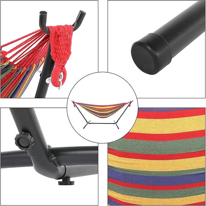 Cotton Hammock with Space Saving Steel Stand,9ft Black Steel Pipe Hammock Frame with 200 * 150cm Polyester Cotton Hammock Iron Hammock Set (Red Stripe A)