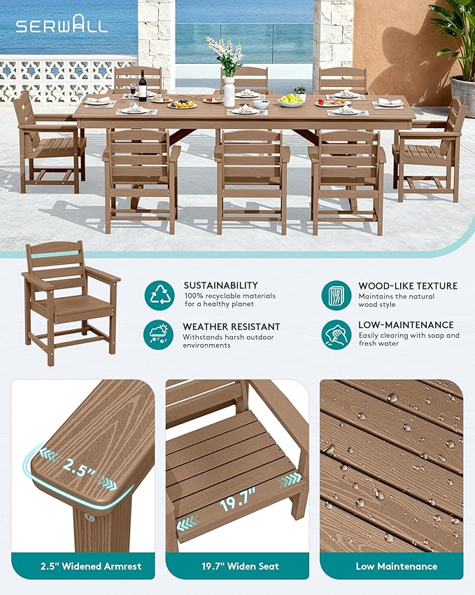 SERWALL Outdoor Dining Chairs Set of 2, All-Weather HDPE Patio Chair with 19.7" Widened Seat, for Backyard, Garden, Brown