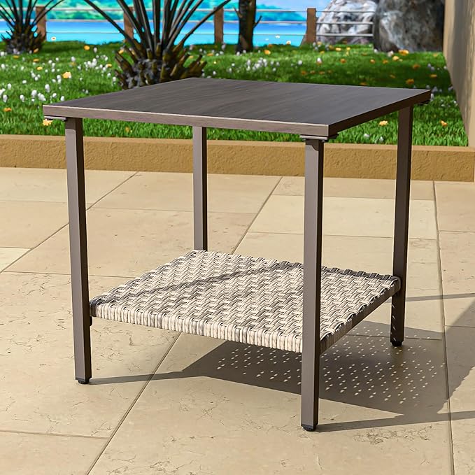 COOS BAY Aurora Terrace Outdoor Side Table, 2 Tier Metal Patio Table with Storage, Wood Grain Top Garden Side Table, All Weather Wicker Furniture