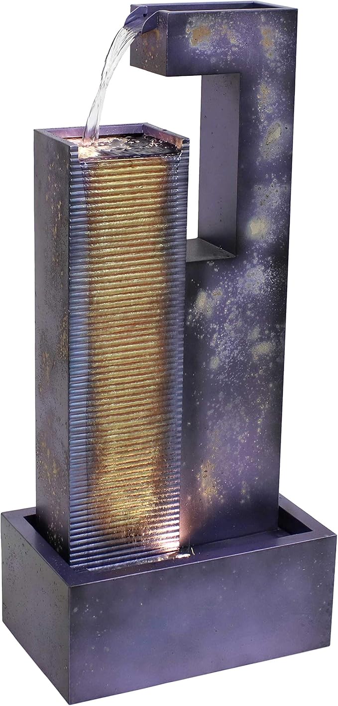 Sunnydaze Cascading Tower 32-Inch Outdoor Metal Fountain with LED Lights - Electric Submersible Pump with Adjustable Flow