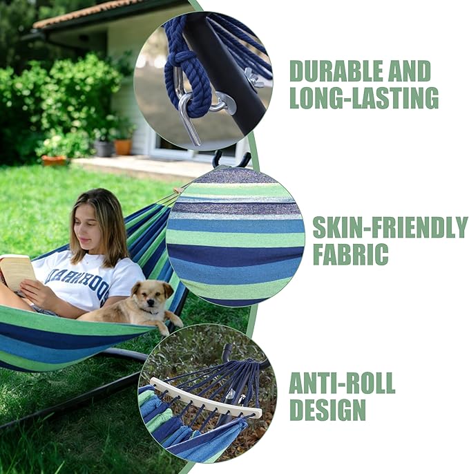 Double Hammock with Freestanding Steel Stand, Portable & Easy Setup, 550lb Capacity Heavy Duty for Patio, Garden,Backyard, Camping, Indoor & Outdoor - Includes Carry Bag (Blue Stripe)