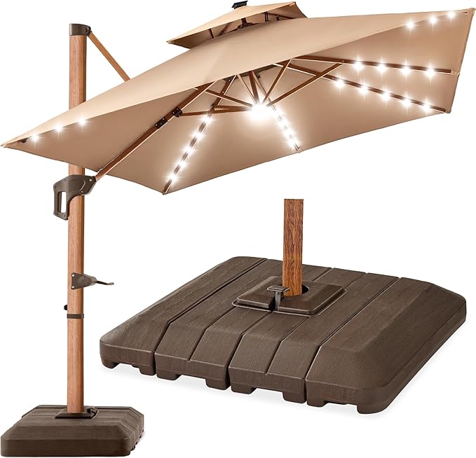 Best Choice Products 10ft Square Cantilever Patio Umbrella w/Base Included, Woodgrain Pattern Pole & Solar LED Lights, 360-Rotation, Offset Hanging Outdoor Shade