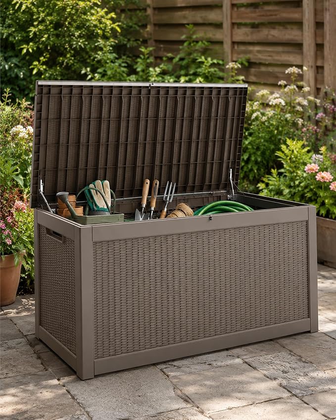 MAKINO 325 Gallon Extra Large Waterproof Deck Box, Heavy Duty Resin Outdoor Storage Box, Outside Storage Bench with Hydraulic Rod for Patio/Cushions/Garden Tools/Backyard/Pool Accessories, Grey Brown