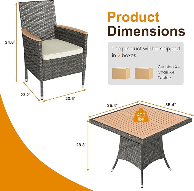 Wisteria Lane Patio Dining Sets for 4, All Weather Rattan Outdoor Table and Chairs with Acacia Wood Tabletop, Patio Dining Furniture with Removable Cushions for Deck Garden, Backyard, Gray