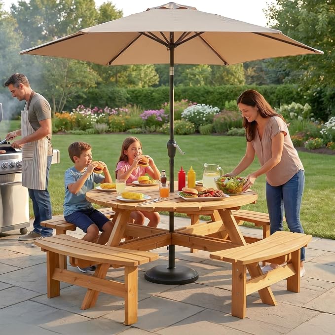 VINGLI 8-Person Wood Picnic Table Outdoor Round Picnic Table with Umbrella Hole and 4 Built-in Benches, Outdoor Dining Tables and Chairs 500 LBS Bench Capacity (Natural, Round)