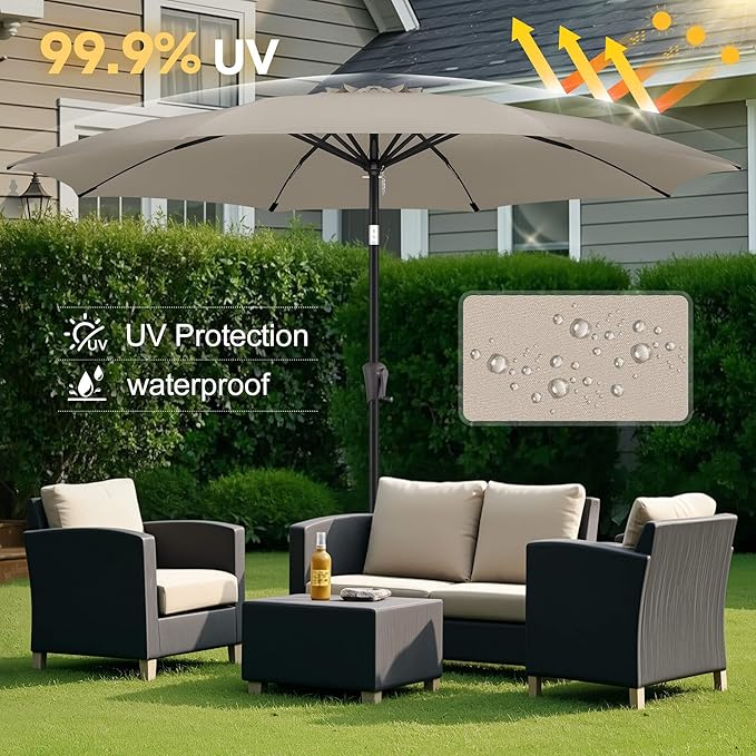 FLAME&SHADE 11 ft Patio Umbrella - Table Umbrella Outdoor with Push Button Tilt and Crank, UV Protection, 8 Sturdy Ribs, Market Umbrella for Garden, Deck, Backyard, Lawn, Pool and Beach(Taupe)