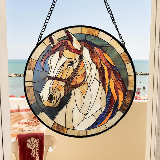 DASTOLL Stained Glass Window Hanging, Animal Horse Colored Mane Sun Catchers Glass Panel Cool Suncatcher Decor for Birthday for Women, Men, Wife, Aunt, and Mom 14.9x14.9 in