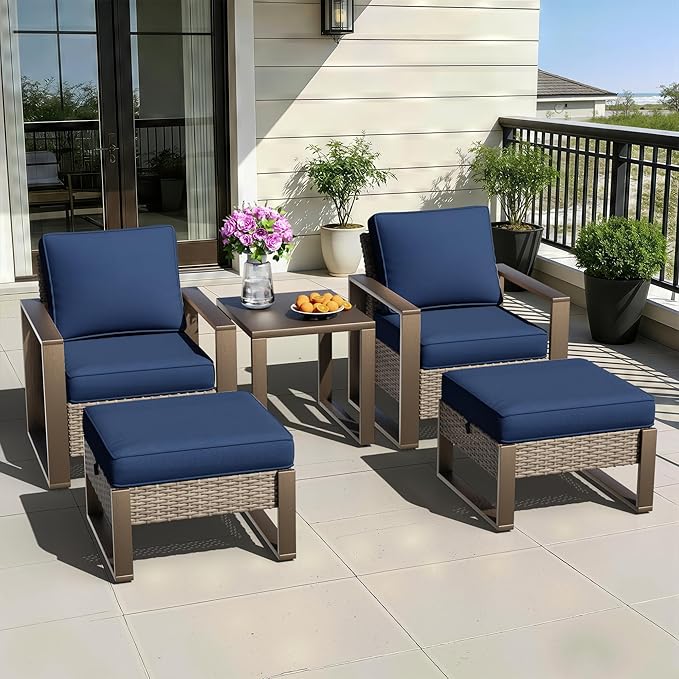 5 Pieces Metal Wicker Patio Furniture Set - Two Armchairs and Two Ottomans, One Side Table, All Weather Rattan Outdoor Conversation Furniture with Washable Cushion for Deck Porch, Dark Blue
