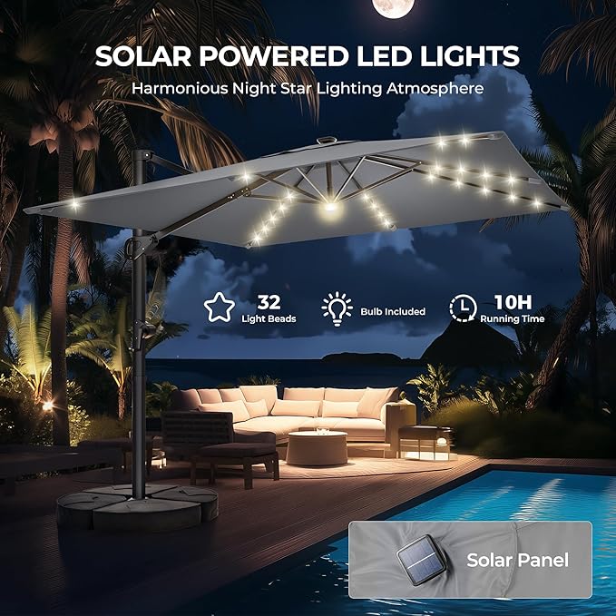 HOMSHADE 10 ft Square Cantilever Patio Umbrella with Base Included, Solar Lights Large Umbrella Outdoor Patio with 360°Rotation&Tilting, LED Lighted Offset Umbrellas w/Stand for Pool Deck