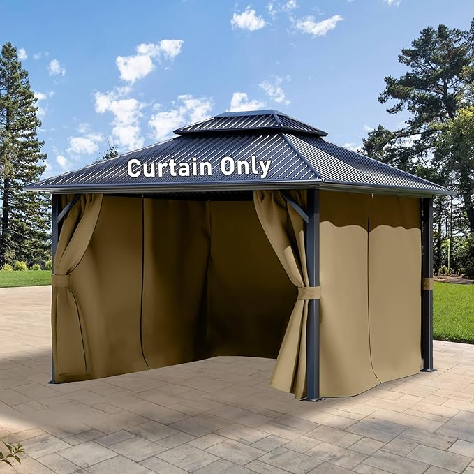 Aoodor 12x14 ft Outdoor Gazebo Curtains, 4 Panels Waterproof Privacy Sidewall Replacement with Zipper for Patio Pergola and Canopy, Khaki