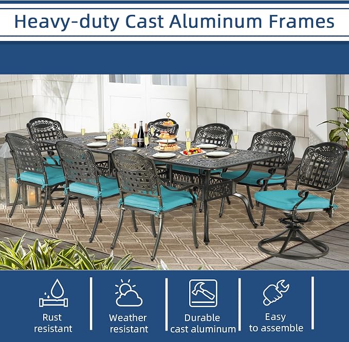 9-Piece Patio Cast Aluminum Dining Set, Outdoor Table and Chairs Set for 8, Includes 94.5" Rectangular Dining Table, 6 Stationary, 2 Swivel Dining Chairs with Umbrella Hole, Ocean Blue