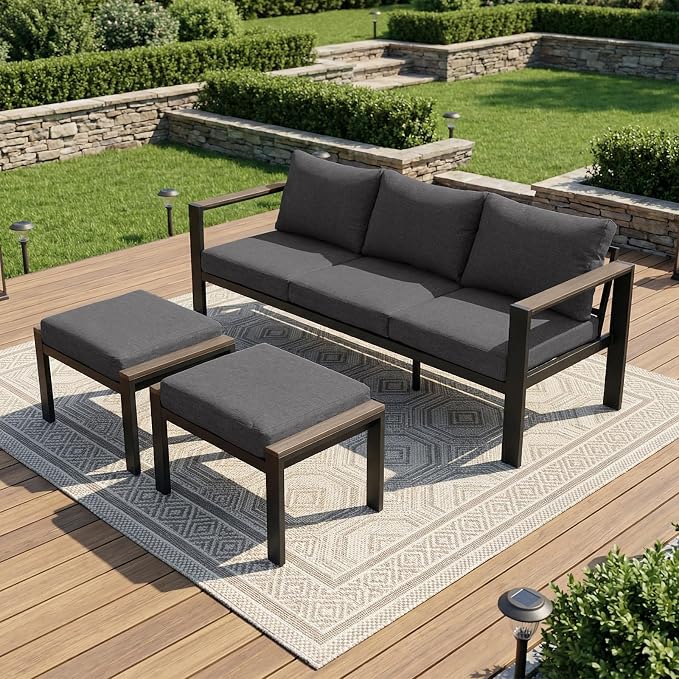 Outdoor Patio Furniture Set 3 Seats Sofa and Ottomans with Washable Thick Cushions, All-Weather Luxury Aluminum Modern Outside Sectional Set for Porch, Balcony, Deck, Yard, Dark Gray