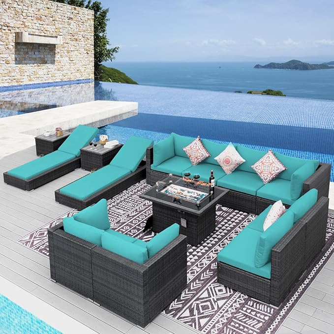 NICESOUL 13 Piece Outdoor Seating with Firepit, Comfortable Cozy Backyard Furniture with Fire Table and Lounge Chair, Modular Sectional Patio Sofas 500lbs Heavyduty with 10-Seat Group, Gray&Turquoise