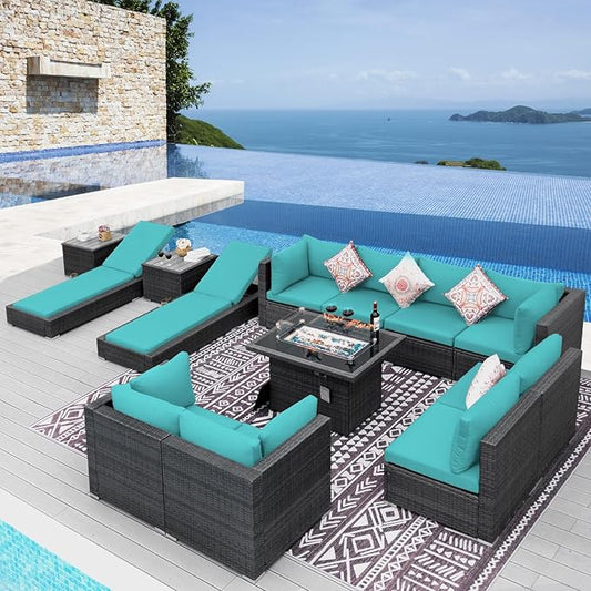 NICESOUL 13 Piece Outdoor Seating with Firepit, Comfortable Cozy Backyard Furniture with Fire Table and Lounge Chair, Modular Sectional Patio Sofas 500lbs Heavyduty with 10-Seat Group, Gray&Turquoise