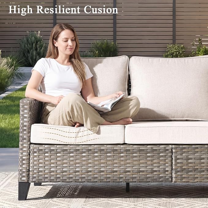 Luxury Patio Furniture Sofa Set - 8 Pieces All Weather Wicker Outdoor Couch and High Back Swivel Rocker Patio Chairs with fire Pit for Deck Yard and Poolside Gray Wicker | Beige Cushions
