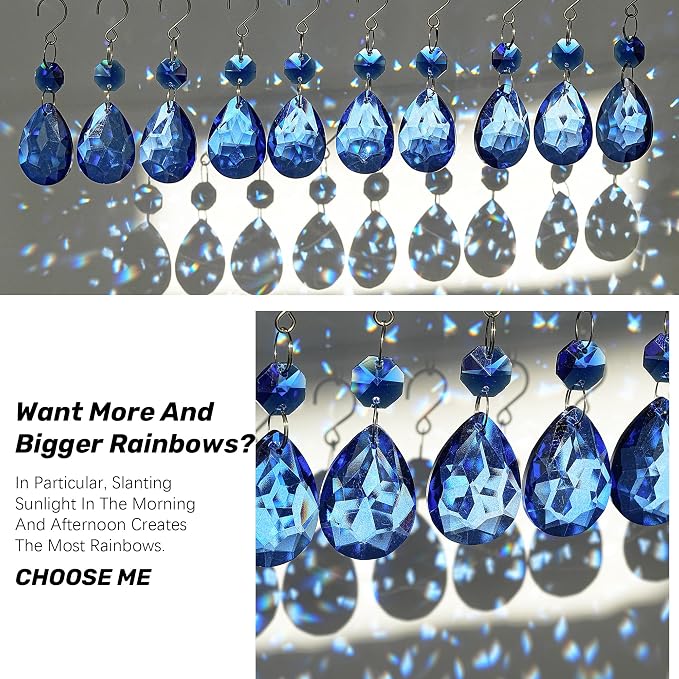10 Pcs Blue Crystal Bauhinia Suncatcher Prisms Chandelier Window Decor | Blue Crystal Bauhinia Prisms Suncatcher Pendants 3 Inch Chandelier Beads Replacement Hanging for Window Garden Wedding Decor