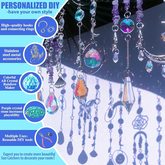 WASTROYAL 420pcs DIY Suncatcher Kit Crystal Prism for Adults Hanging Decor | Crystal Suncatcher Kit, DIY Crystal Hanging Prisms for Window/Garden, Rainbow Maker, Craft Gift for Adults with Tutorial