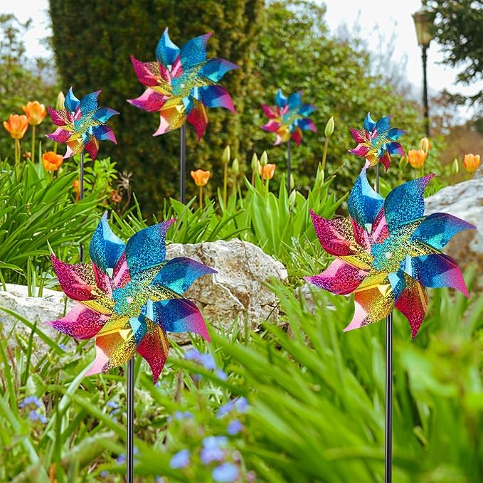 Hausse 10 Pack Reflective Pinwheels Wind Spinner (Assembly Required), Extra Sparkly Rainbow Pinwheel with Stakes, Bird Repellent Blinder Devices Scare Birds Away from Yard Patio Farm Garden, Colorful