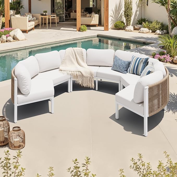 Crestlive Products Curved Patio Furniture Set, Modular Half Moon 6-Seater Sofa, Aluminum Outdoor Sectional with 5-Inch Water-Resistant Cushions, All Weather Couch for Backyard, Deck, Porch, Poolside