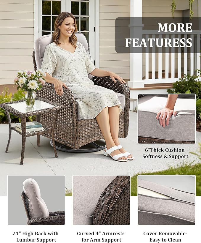 10-Piece Luxury Patio Furniture Set with 42.5" Fire Pit Table, Outdoor Wicker Sofa Couch & Swivel Rocker Chairs with 6-inch Thick Cushion, Conversation Set for Poolside, Deck & Yard - Beige