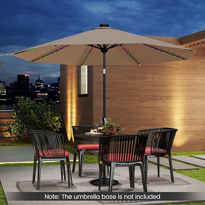 Tangkula 10 FT Solar Patio Umbrella, Outdoor Market Table Umbrella with 96 Multi-Colored Flowing LED Lights, 9 Modes, Tilt Adjustment, Crank Handle, 8 Ribs, Vented Top for Backyard Poolside Deck Lawn (Tan)