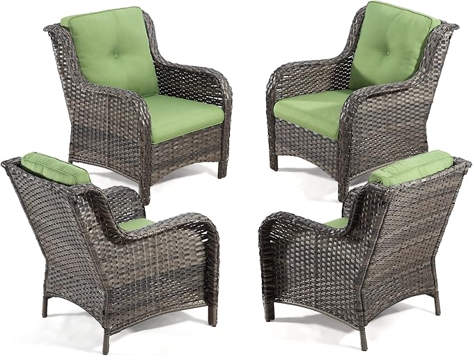 Outdoor Wicker Chair Rattan Patio Dining Chairs Set of 4 PE Wicker Patio Chairs with 3.5 inch Seat Cushions Patio Seating Chair for Garden, Backyard Swimming Pool, Balcony, Green
