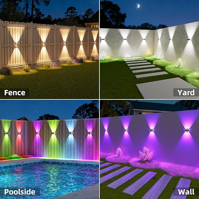 NIORSUN Solar Fence Lights Outdoor, 6 Pack Up and Down Waterproof Solar Wall Lights, Fence Lights with Lens, Warm & Cool White + RGB, Dusk to Dawn Lighting for Patio, Backyard, Pool, Railing (White)