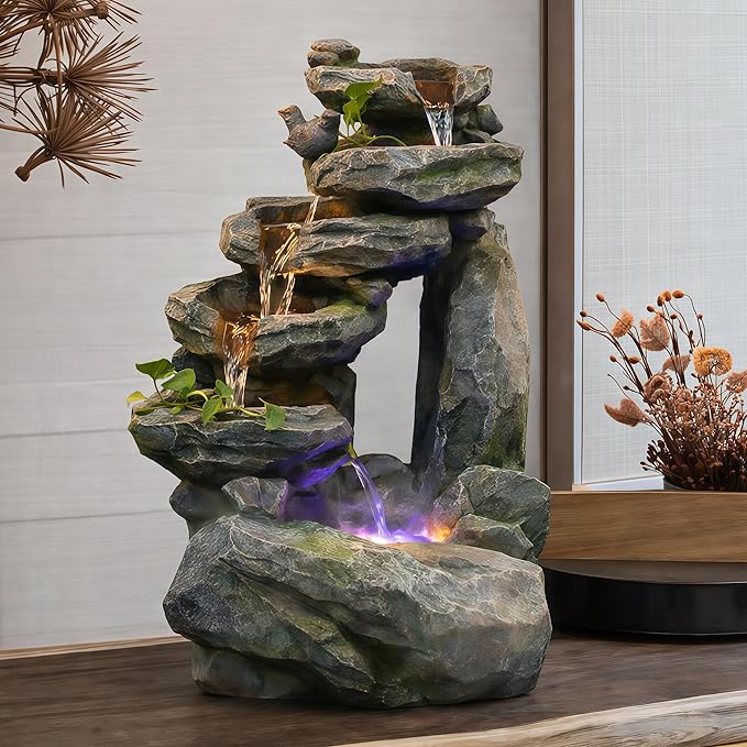 Water Fountain Outdoor,Corded Electric 6-Tier Cascading Rock Waterfall with LED Lights,Garden Fountain with Built-in Pump & Water Circulation,Weather-Resistant Resin for Patio (30.7)