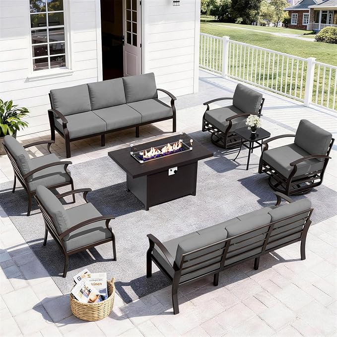 ALAULM Aluminum Patio Furniture Set with Propane Fire Pit Table - 10-seat Metal Outdoor Furniture w/Fire Pit Patio Sectional w/5.1" Cushions for Backyard, Poolside - Grey