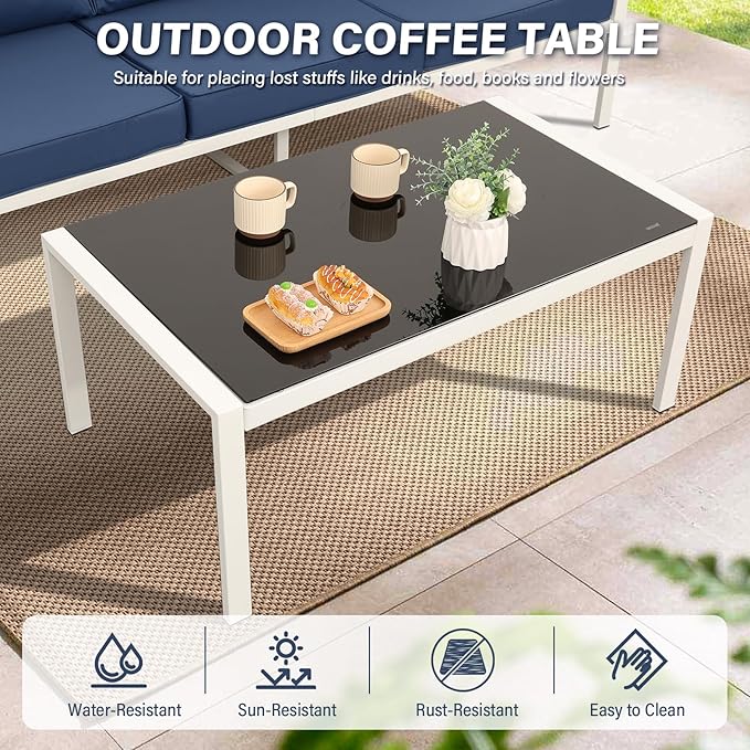 Patio Furniture Set 4 Pieces Outdoor Furniture White Metal Frame Patio Couch Outdoor Chairs Glass Coffee Table with No-Slip Cushions and Waterproof Covers, Navy Blue