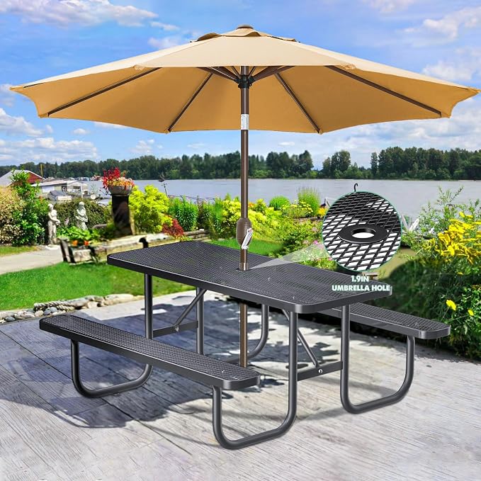 6FT Rectangular Outdoor Picnic Table and 2 Benches Set with Umbrella Hole, Metal Expanded Commercial Steel Heavy Duty Sturdy Picnic Tables Furniture Set for Yard Patio Lawn Party Coffee, Black