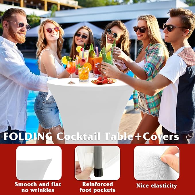 Camp Field 2 Packs Round Folding Cocktail Tables with White Covers, 32 inch High Top Highboy Bar Height Tables, Portable Pub Bistro Furniture for Weddings, Parties, Events, Indoor Outdoor