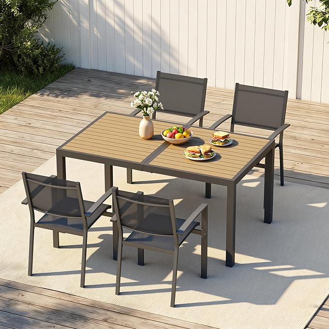 Patio Table and Chairs Set for 4, Outdoor Patio Furniture Set with Aluminum Table and Metal Textilene Chairs, All-Weather Outdoor Dining Set with HDPS Rectangular Tabletop for Garden Porch