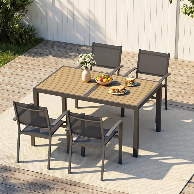 Aluminum Outdoor Table for All-Weather, 59" Patio Tables with Heavy Duty HDPS Rectangular Tabletop, Outside Table with Quick-Drying Slatted Design for Patio, Garden, Deck, Porch, Poolside, Backyard