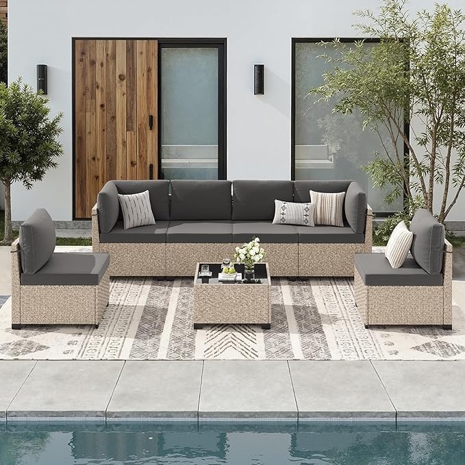 Soohow 7-Piece Patio Furniture Set, Outdoor Sectional All-Weather Wicker Patio Conversation Set for Garden, Porch, Backyard - Grey Cushions