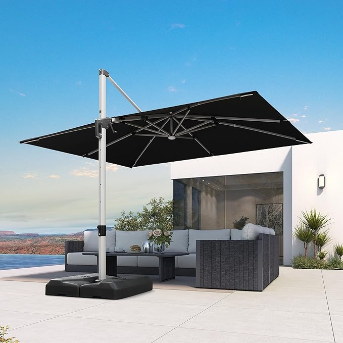 PURPLE LEAF Patio Umbrella with Base 9' X 12' Outdoor Rectangle Cantilever Umbrella Solar Powered LED with 360-degree Rotation for Garden Deck Pool Patio, Black