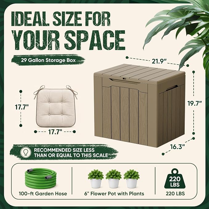 Devoko 29 Gallon Waterproof Outdoor Storage Box Resin Deck Box Lockable and UV Resistant for Patio Furniture, Garden Tools (Light Brown, 29 Gallon)