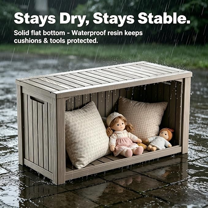 180 Gallon Outdoor Storage Box Waterproof, Large Resin Deck Box with Lockable Lid & Soft-Close Hydraulic Struts, Outside Storage Box for Patio Furniture, Garden Tools, Pool Accessories, Grey