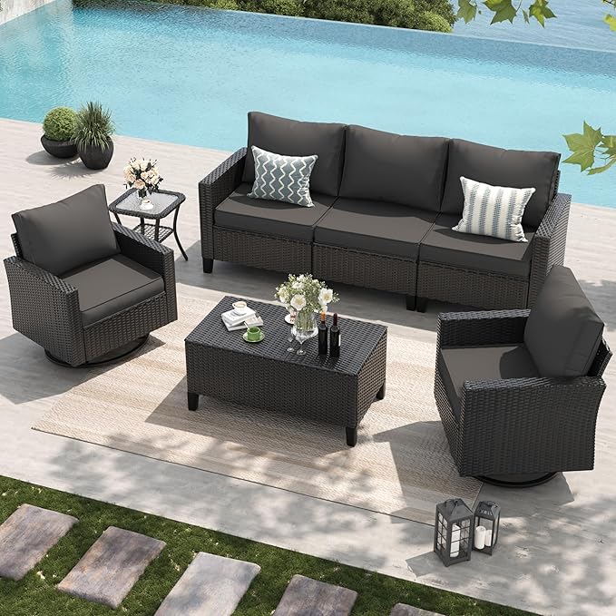 Amopatio Patio Furniture Set, 5-Piece Wicker Outdoor Sectional Sofa with Swivel Rocker Chairs, Rattan Conversation Set with Storage Coffee Table and Waterproof Cover for Backyard Black/Dark Grey