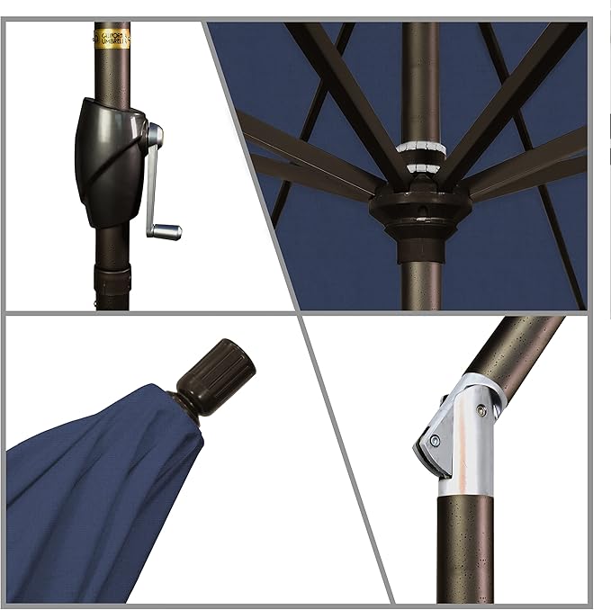 California Umbrella 7.5' Round Aluminum Market Umbrella, Crank Lift, Push Button Tilt, Bronze Pole, Sunbrella Spectrum Indigo