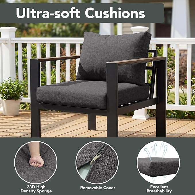 Patio Furniture Set 4 Seats and Coffee Table, Patio Conversation Set with Washable Thick Cushions, Deluxe Aluminum Modern Outside Sectional for Porch, Balcony, Deck, Yard, Dark Gray