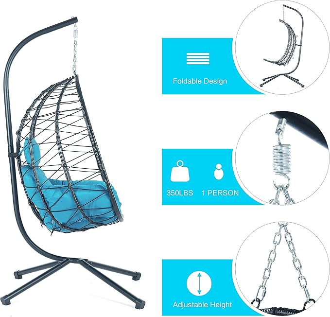 Hanging Egg Chair with Stand, Comfy Indoor/Outdoor Rattan Swing Hammock Chairs, 350lbs Capacity for Patio, Bedroom, Garden (Blue)